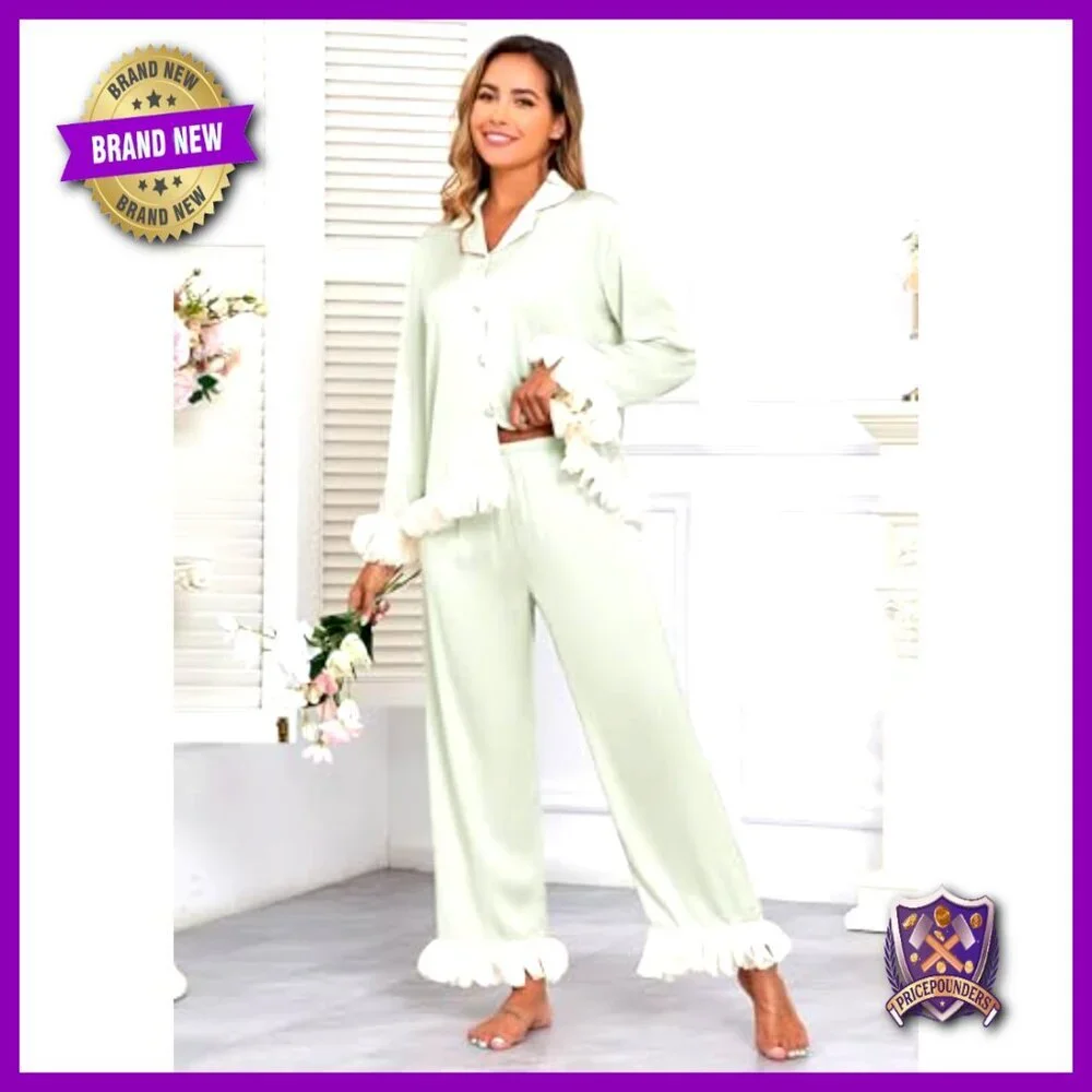Silk Blend Pajama Set Long Sleeve Button Up Lounge Sleepwear